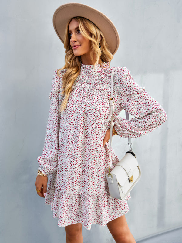 Floral Mini Dress with Smocked Neckline and Ruffled Hem Mini Dresses MyDresses 