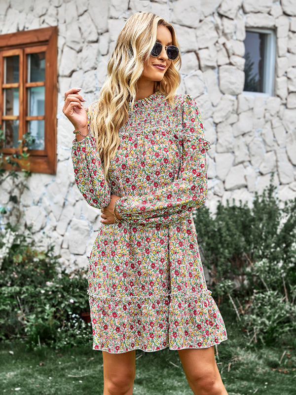 Floral Mini Dress with Smocked Neckline and Ruffled Hem Mini Dresses MyDresses 