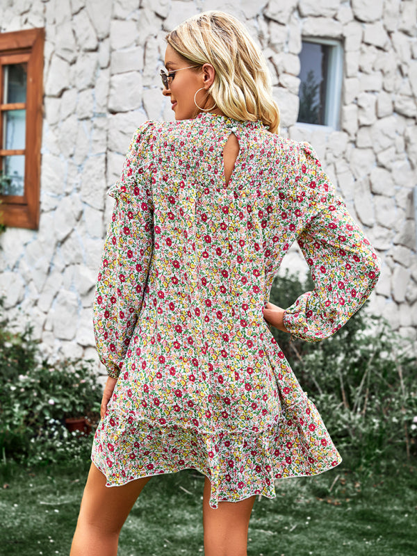 Floral Mini Dress with Smocked Neckline and Ruffled Hem Mini Dresses MyDresses 