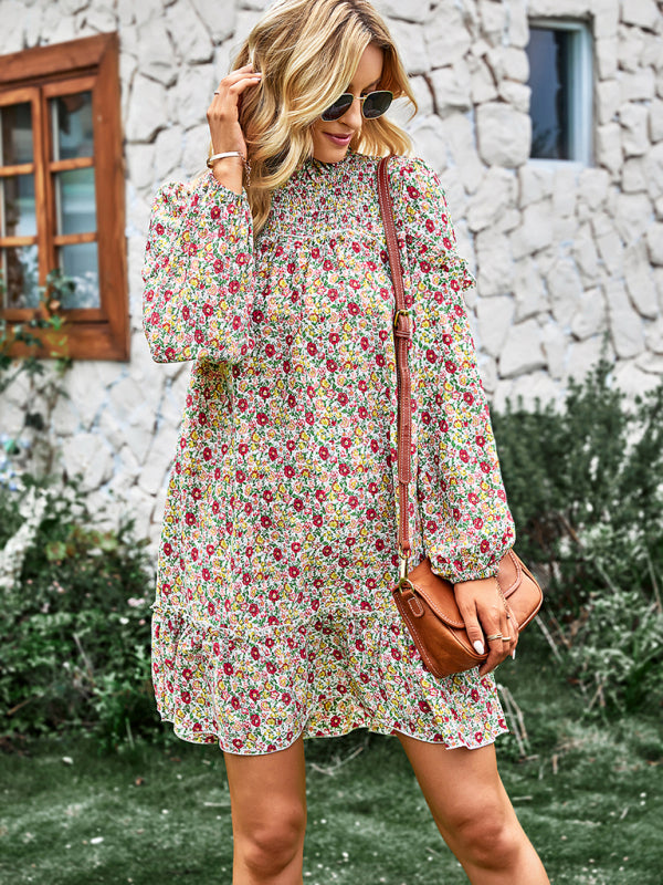 Floral Mini Dress with Smocked Neckline and Ruffled Hem Mini Dresses MyDresses 