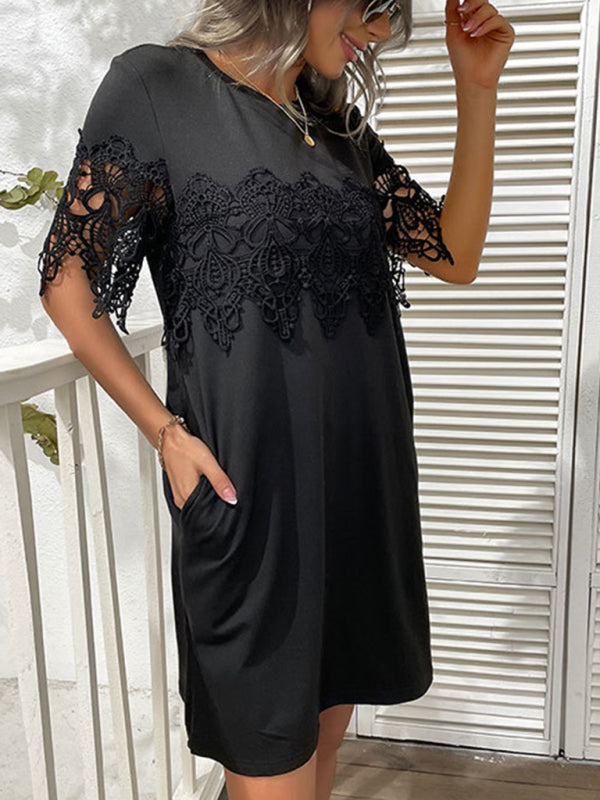 Lace Stitching Short Sleeve T-Shirt Dress with Loose Fit Group3 MyDresses