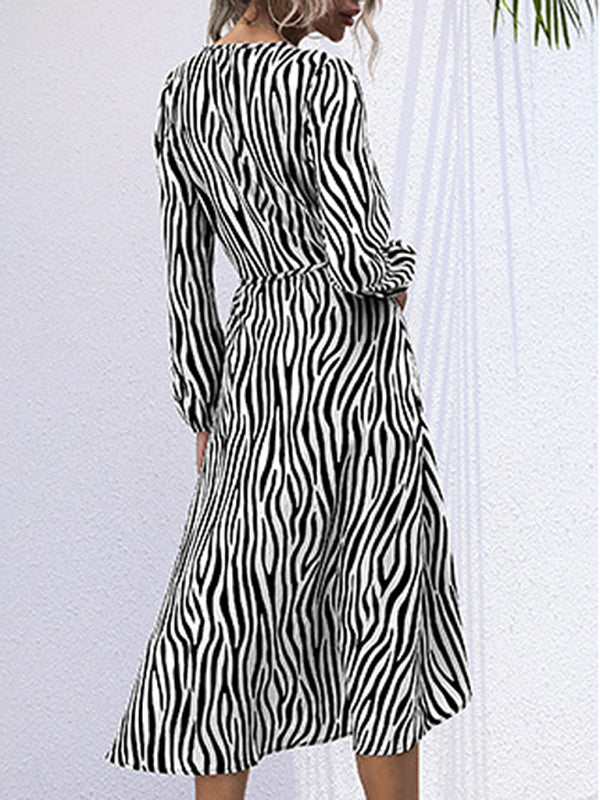 Zebra Print V-Neck Midi Dress with Tie Waist Group3 MyDresses