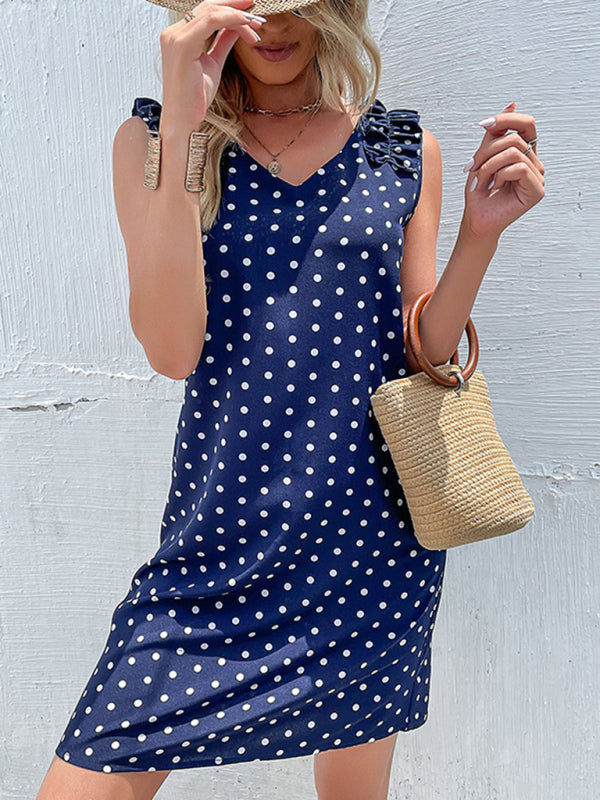 Polka Dot Summer Dress with Ruffled Shoulders Group3 MyDresses Dark Blue 8 | S