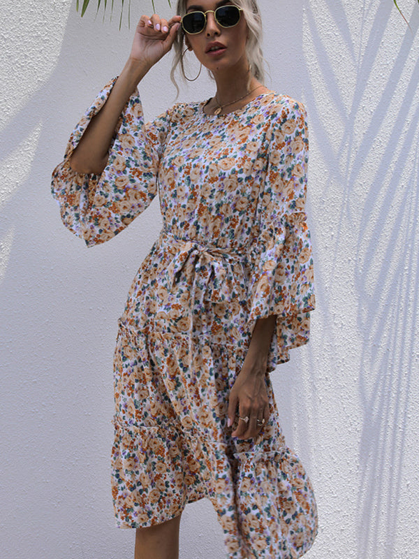 Floral Print Long-Sleeve Dress with Lace-Up Waist and Tiered Skirt Mini Dresses MyDresses 