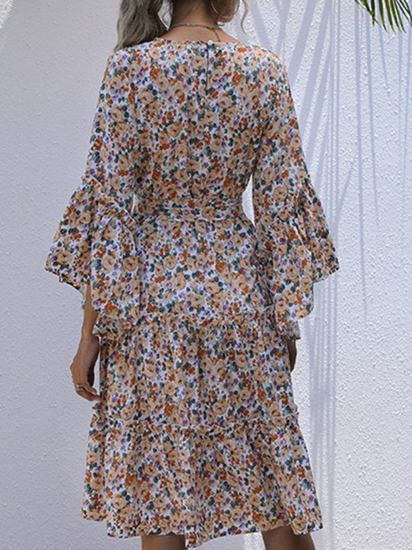 Floral Print Long-Sleeve Dress with Lace-Up Waist and Tiered Skirt Mini Dresses MyDresses 