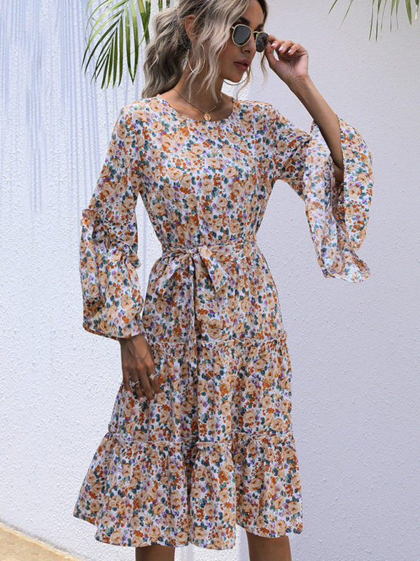 Floral Print Long-Sleeve Dress with Lace-Up Waist and Tiered Skirt Mini Dresses MyDresses 