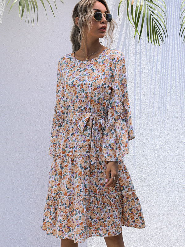 Floral Print Long-Sleeve Dress with Lace-Up Waist and Tiered Skirt Mini Dresses MyDresses Multicolour 8 | S 