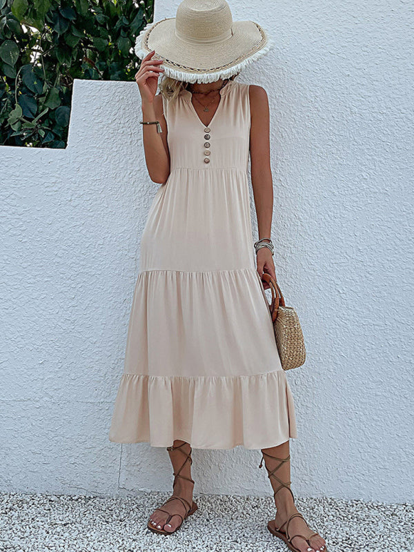 Button-Down Sleeveless Midi Dress with Tiered Skirt Midi Dresses MyDresses 