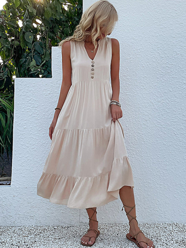 Button-Down Sleeveless Midi Dress with Tiered Skirt Midi Dresses MyDresses White 8 | S 