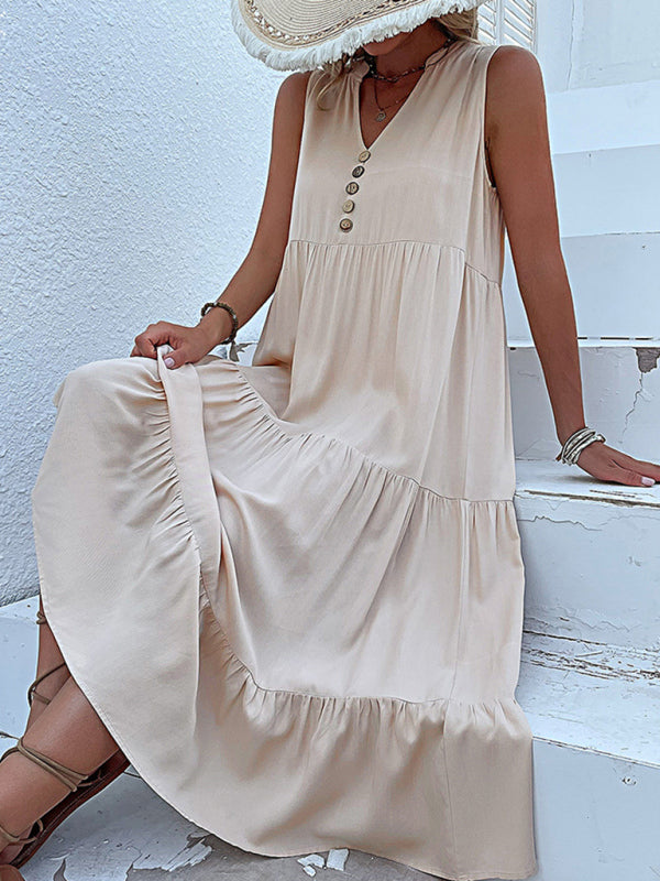 Button-Down Sleeveless Midi Dress with Tiered Skirt Midi Dresses MyDresses 