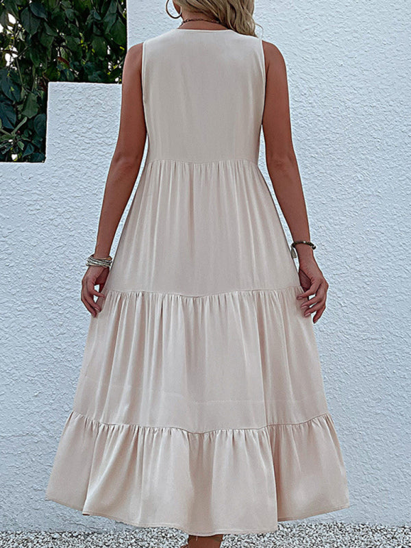Button-Down Sleeveless Midi Dress with Tiered Skirt Midi Dresses MyDresses 