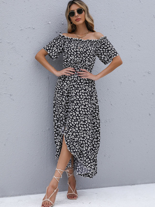 Off-Shoulder Floral Print Midi Dress with High-Low Hem Group6 MyDresses