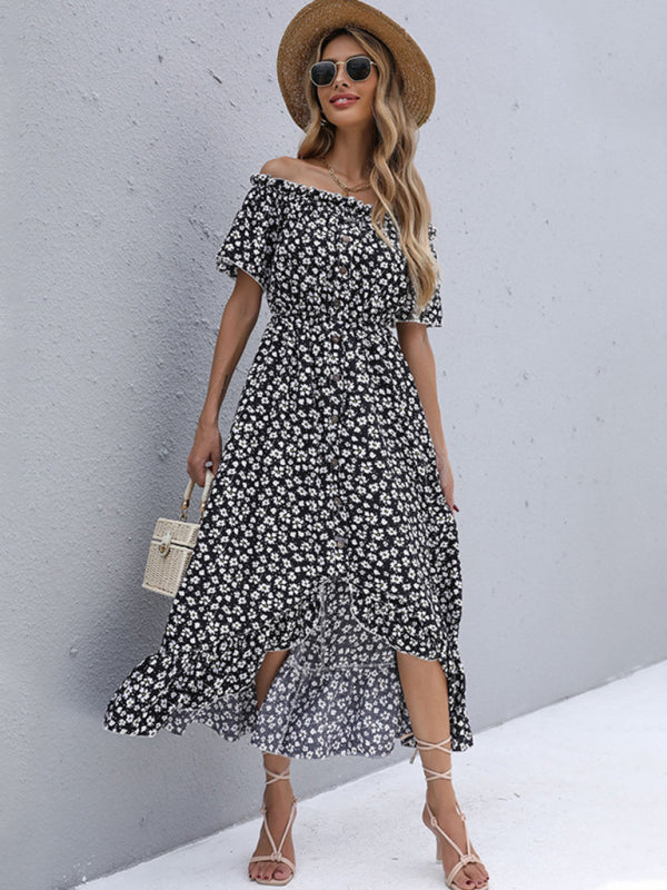 Off-Shoulder Floral Print Midi Dress with High-Low Hem Group6 MyDresses