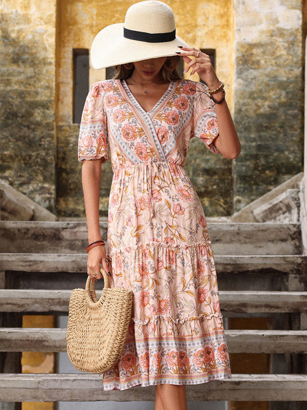 Floral Print Midi Dress with V-Neck and Tiered Skirt Midi Dresses MyDresses 