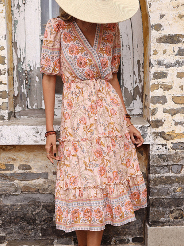 Floral Print Midi Dress with V-Neck and Tiered Skirt Midi Dresses MyDresses 