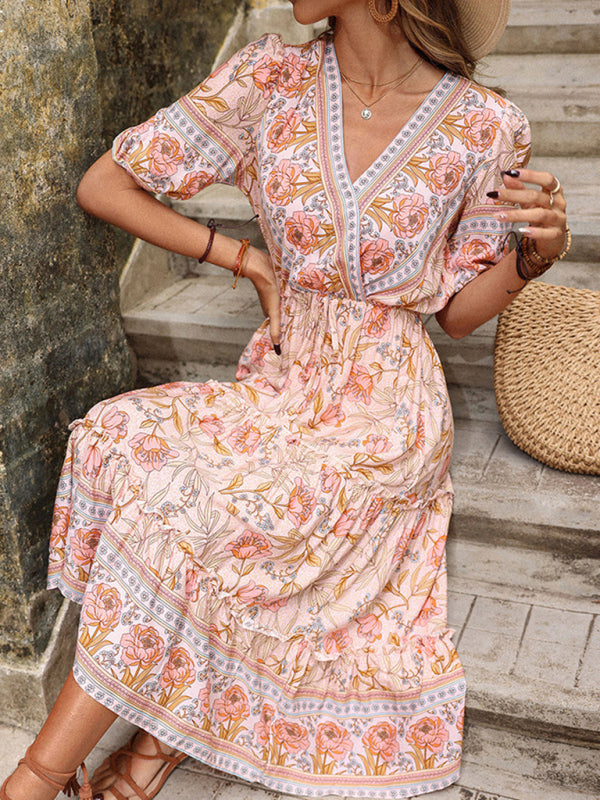 Floral Print Midi Dress with V-Neck and Tiered Skirt Midi Dresses MyDresses 