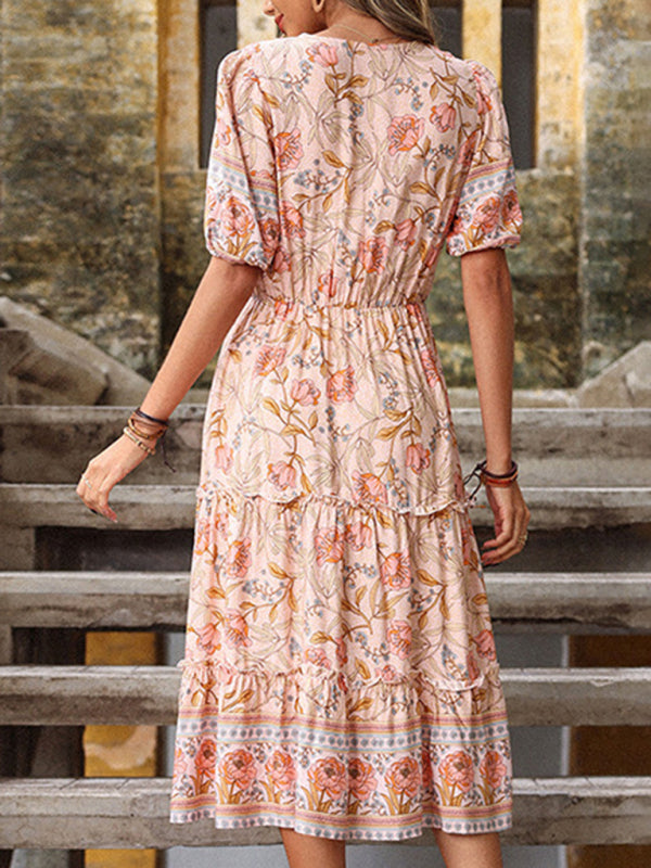 Floral Print Midi Dress with V-Neck and Tiered Skirt Midi Dresses MyDresses 