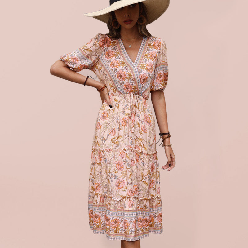 Floral Print Midi Dress with V-Neck and Tiered Skirt Midi Dresses MyDresses Pink 8 | S 