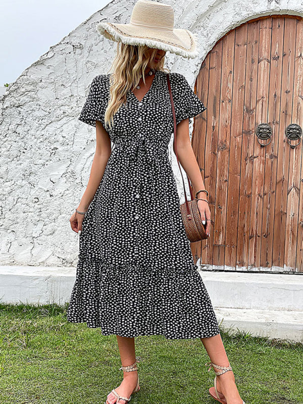 Leopard Print Midi Dress with Button-Down Front and Ruffled Hem Midi Dresses MyDresses 