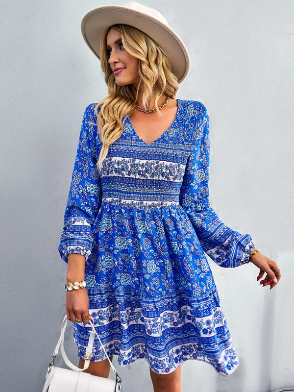 Bohemian Mini Dress with Floral Print and Smocked Bodice mini] Dresses MyDresses 