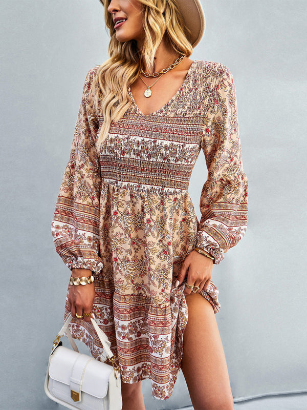 Bohemian Mini Dress with Floral Print and Smocked Bodice mini] Dresses MyDresses 