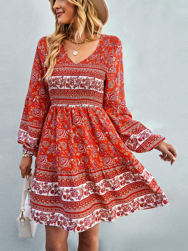 Bohemian Mini Dress with Floral Print and Smocked Bodice mini] Dresses MyDresses 