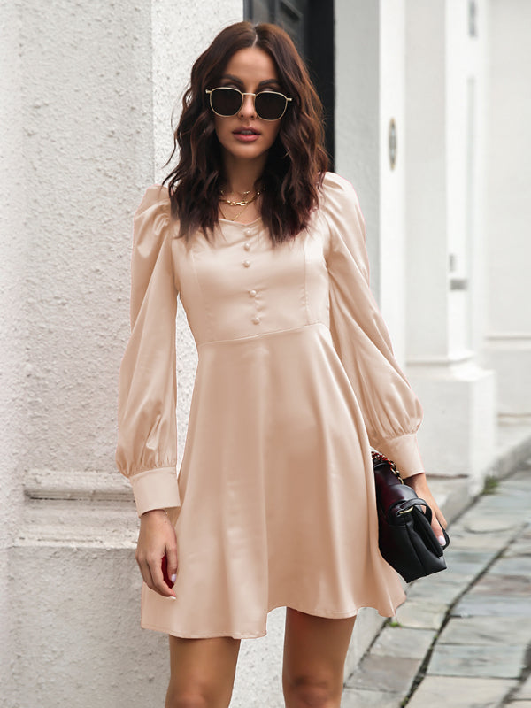 Satin Long Sleeve Dress with Bubble Sleeves and Button Front Mini Dresses MyDresses Khaki 8 | S 