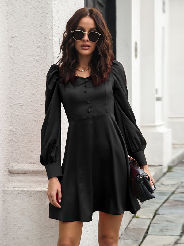 Satin Long Sleeve Dress with Bubble Sleeves and Button Front Mini Dresses MyDresses Black 8 | S 
