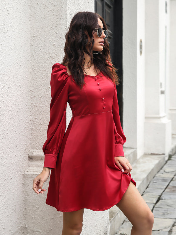 Satin Long Sleeve Dress with Bubble Sleeves and Button Front Mini Dresses MyDresses 