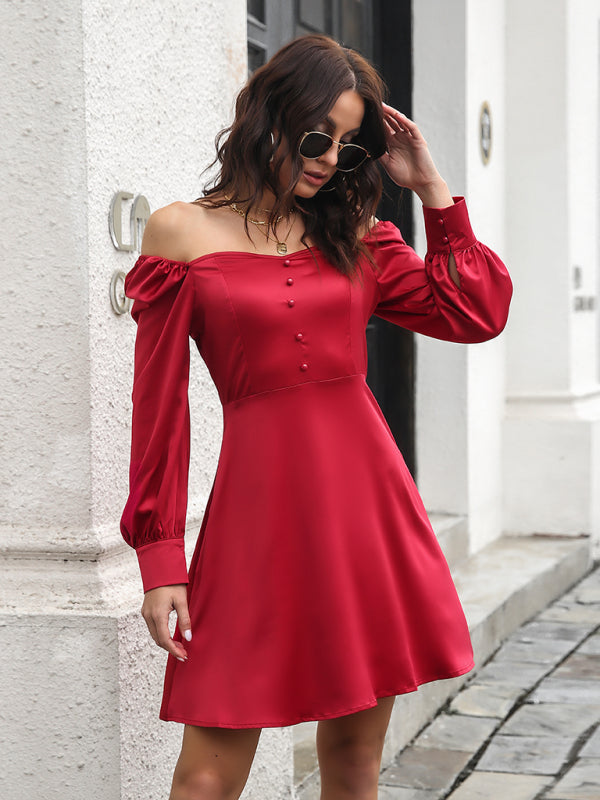 Satin Long Sleeve Dress with Bubble Sleeves and Button Front Mini Dresses MyDresses 