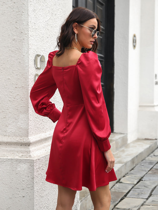 Satin Long Sleeve Dress with Bubble Sleeves and Button Front Mini Dresses MyDresses 