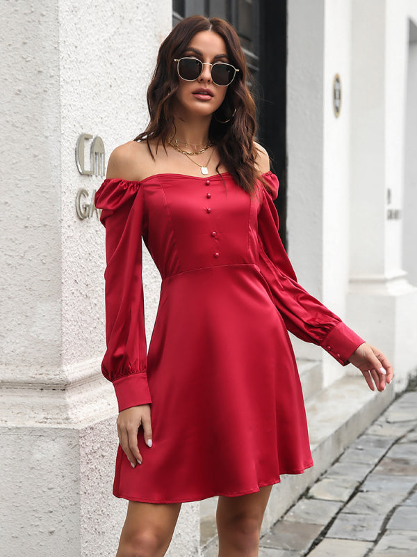 Satin Long Sleeve Dress with Bubble Sleeves and Button Front Mini Dresses MyDresses 