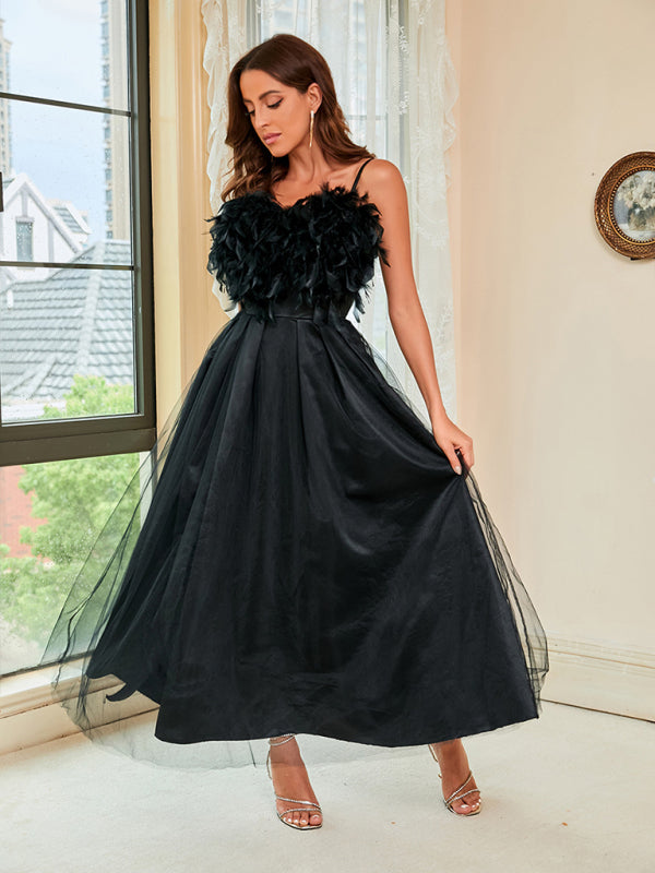 Feather Sling Mesh Dress with High Slit and A-Line Skirt Maxi Dresses MyDresses 