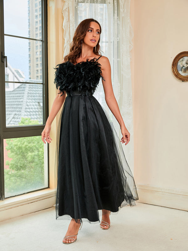 Feather Sling Mesh Dress with High Slit and A-Line Skirt Maxi Dresses MyDresses 