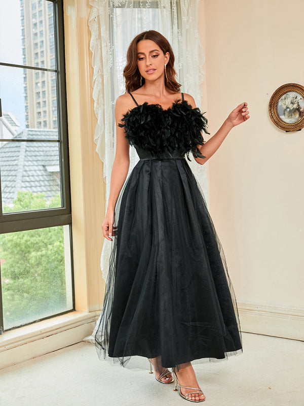 Feather Sling Mesh Dress with High Slit and A-Line Skirt Maxi Dresses MyDresses 