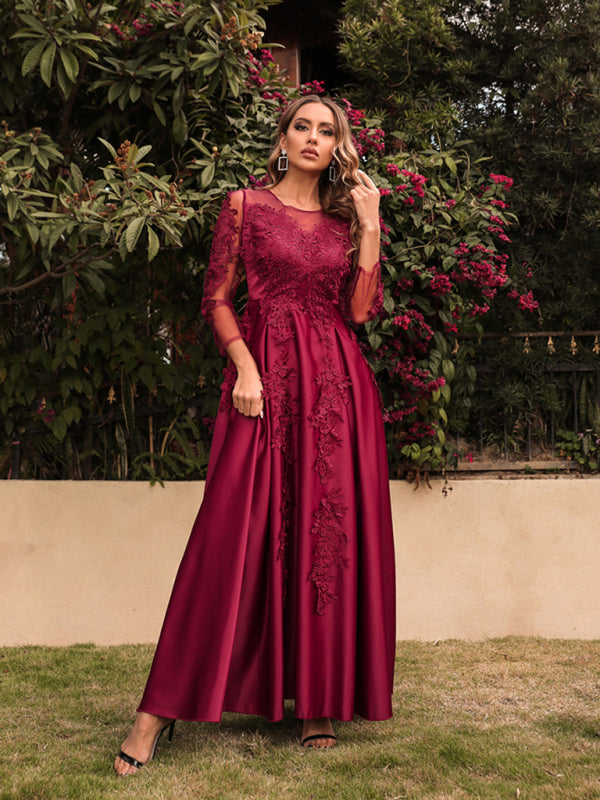 Lace Bodice Prom Dress with Long Sleeves and Satin Skirt Maxi Dresses MyDresses 