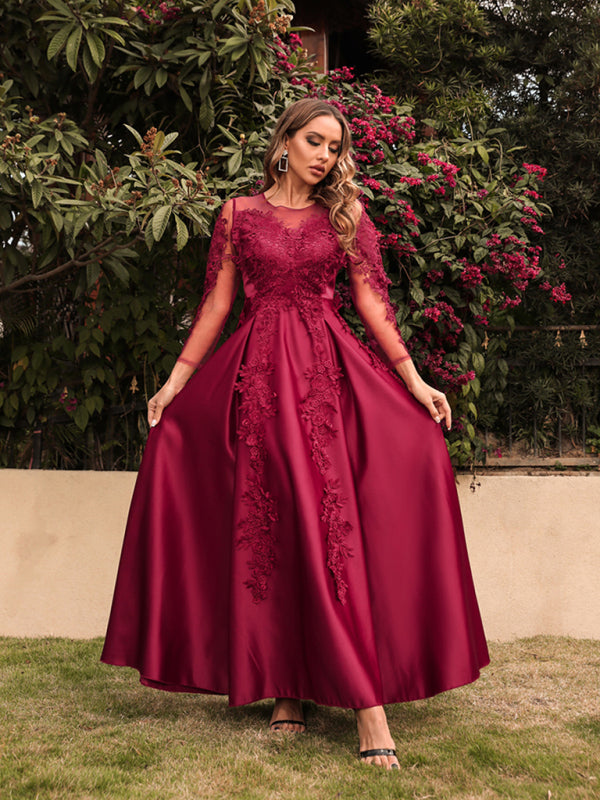 Lace Bodice Prom Dress with Long Sleeves and Satin Skirt Maxi Dresses MyDresses 