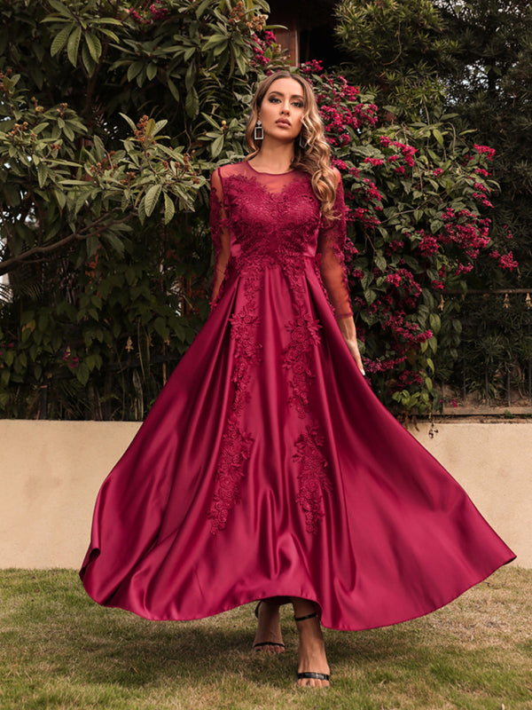 Lace Bodice Prom Dress with Long Sleeves and Satin Skirt Maxi Dresses MyDresses 