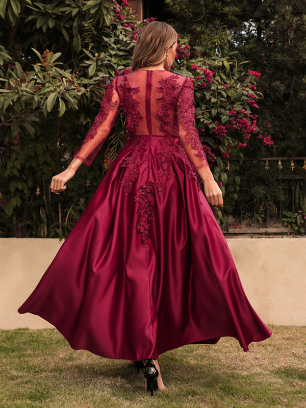 Lace Bodice Prom Dress with Long Sleeves and Satin Skirt Maxi Dresses MyDresses 
