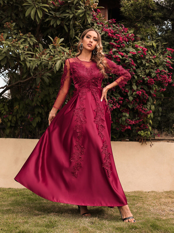 Lace Bodice Prom Dress with Long Sleeves and Satin Skirt Maxi Dresses MyDresses Red 8 | S 