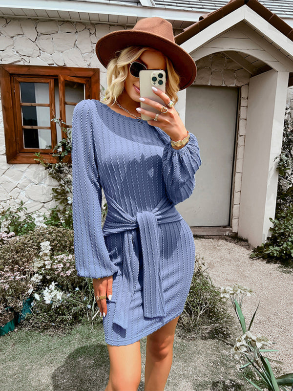 Ribbed Mini Dress with Waist Tie and Long Sleeves Group5 MyDresses
