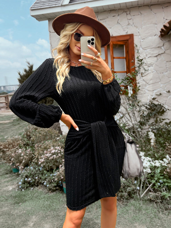Ribbed Mini Dress with Waist Tie and Long Sleeves Group5 MyDresses