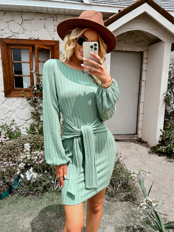 Ribbed Mini Dress with Waist Tie and Long Sleeves Group5 MyDresses