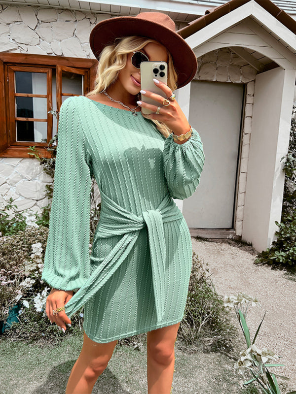 Ribbed Mini Dress with Waist Tie and Long Sleeves Group5 MyDresses