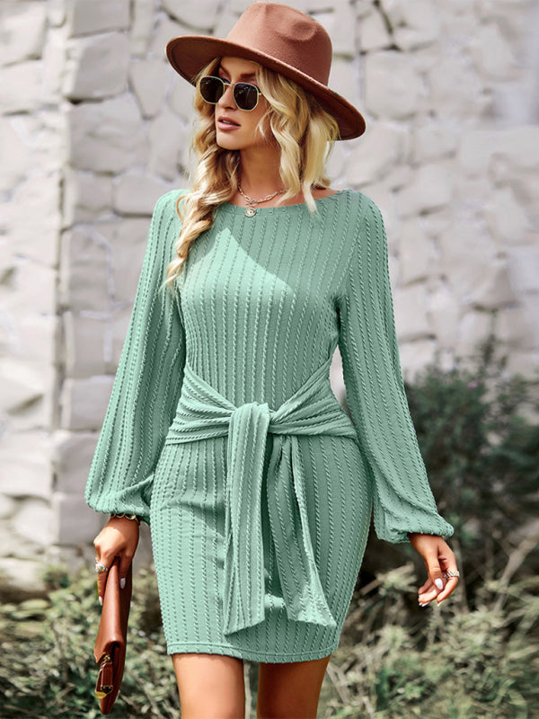 Ribbed Mini Dress with Waist Tie and Long Sleeves Group5 MyDresses