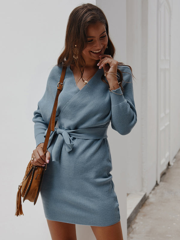 Wrap Knit Sweater Mini Dress with Tie Waist and V-Neck Group9 MyDresses