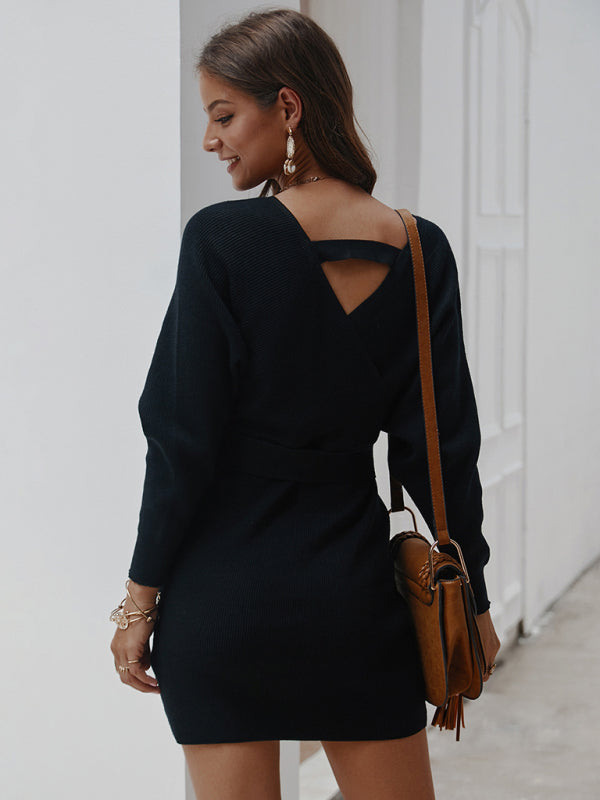 Wrap Knit Sweater Mini Dress with Tie Waist and V-Neck Group9 MyDresses