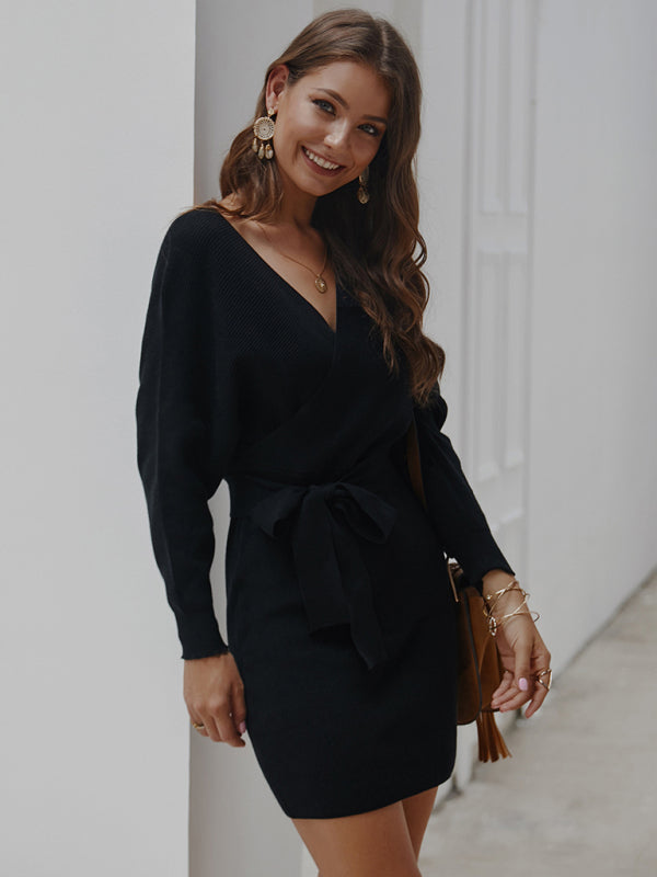 Wrap Knit Sweater Mini Dress with Tie Waist and V-Neck Group9 MyDresses