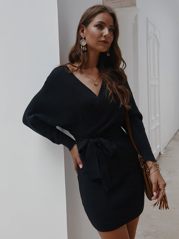 Wrap Knit Sweater Mini Dress with Tie Waist and V-Neck Group9 MyDresses
