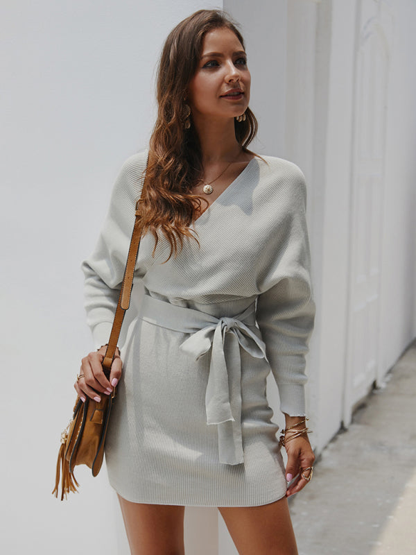 Wrap Knit Sweater Mini Dress with Tie Waist and V-Neck Group9 MyDresses Grey 8 | S